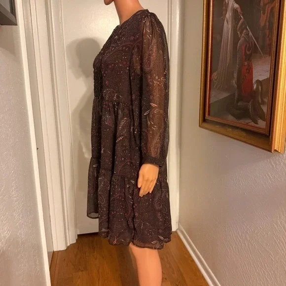 Lucky Brand Brown Paisley Babydoll Dress Boho Long Sleeve Size Large Lined Body - Picture 6 of 9
